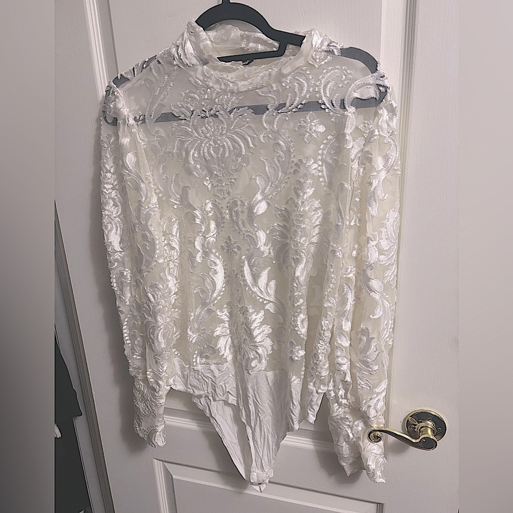 Fashion Nova Bodysuit M Ivory Cream Mesh Long Sleeve